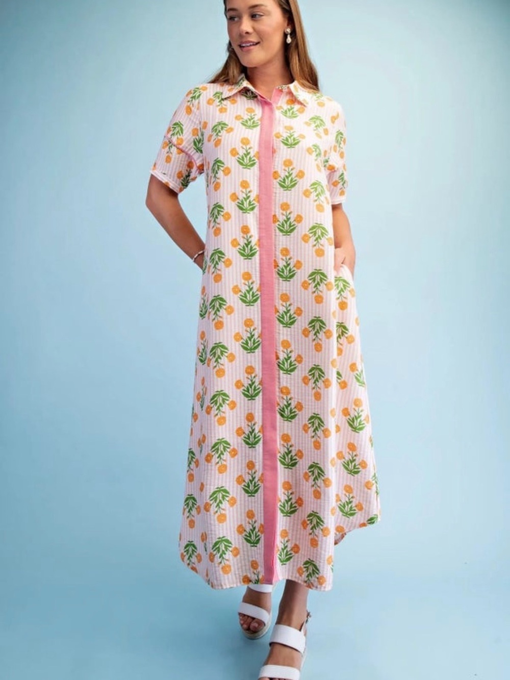 Umgee Pink and Orange Floral Midi Shirt Dress